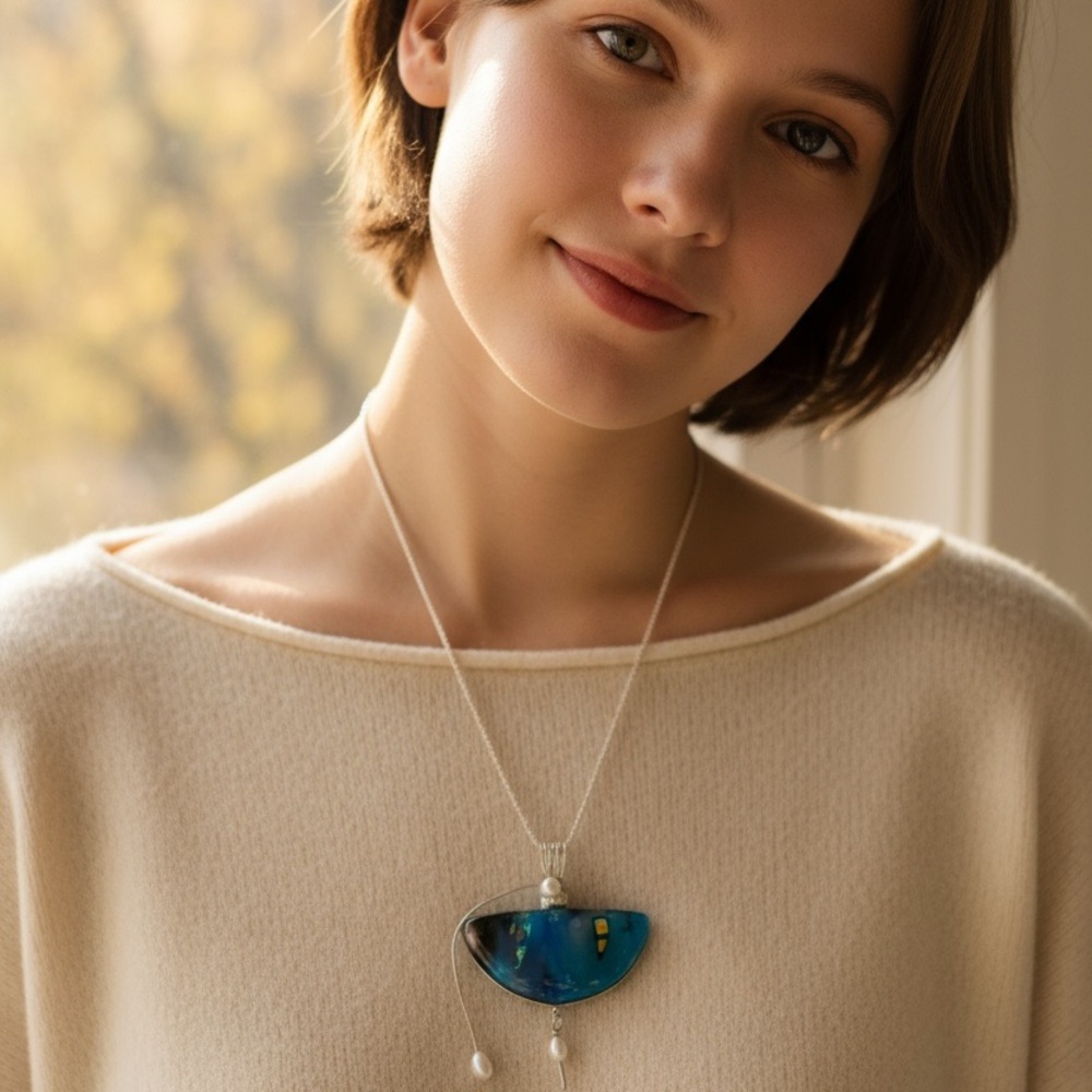 Stunning Art Glass Statement Necklace - Blue Dichroic Glass Pearl Pendant